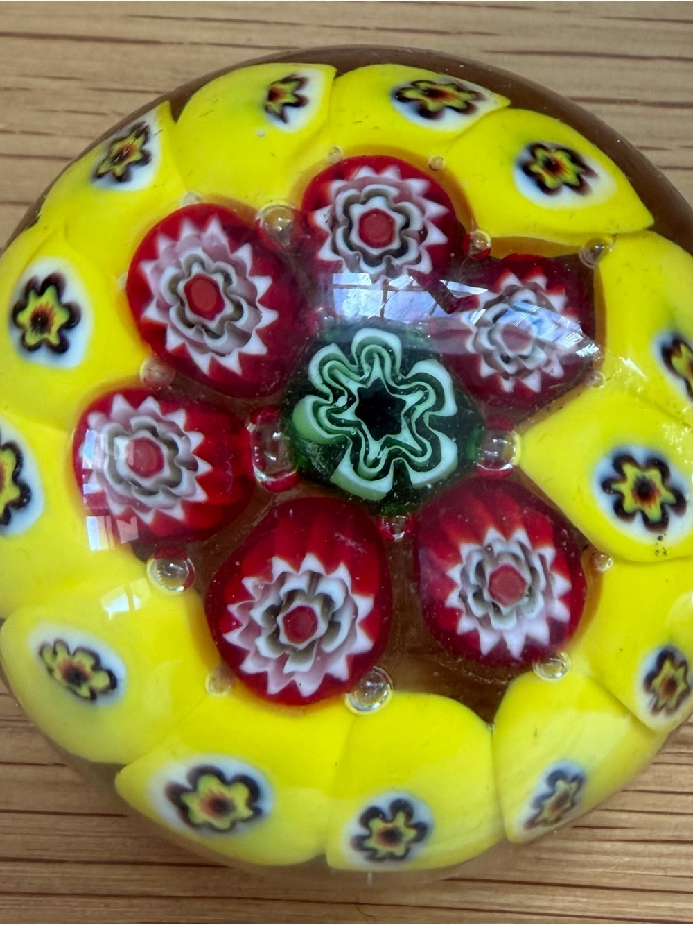 Stanley Yellow Millefiori Glass Paperweight with Yellow, Red and Green Accents